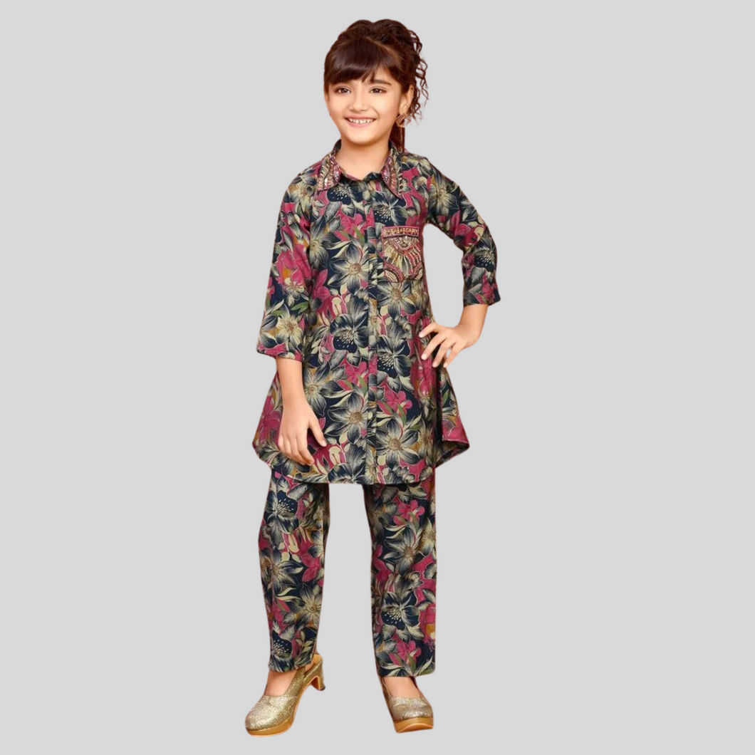 Girls Navy Blue Color 3/4 Sleeves Ethnic Set