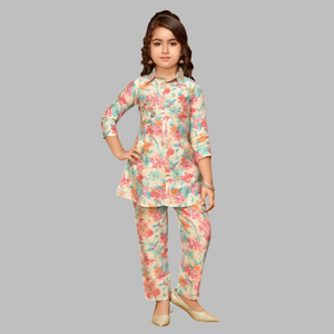 Girls Yellow Color 3/4 Sleeves Printed Ethnic Set