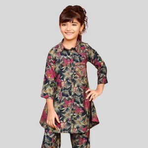 Girls Navy Blue Color 3/4 Sleeves Ethnic Set