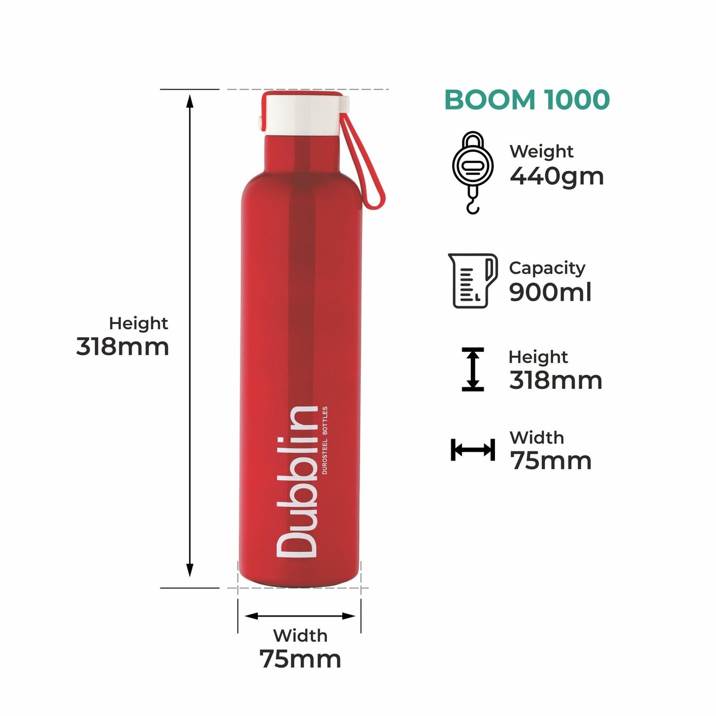 Dubblin Water Bottle Boom Steel 1000 Ml Red For Unisex