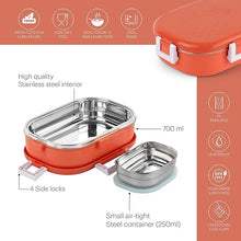 Load image into Gallery viewer, CELLO Altro Neo Lunch Box, Neo Orange, 700ml | 2 Units Insulated Lunch Boxes |Stainless Steel Lunch Box for Kids | Leak-Proof Snacks Tiffin Box for School
