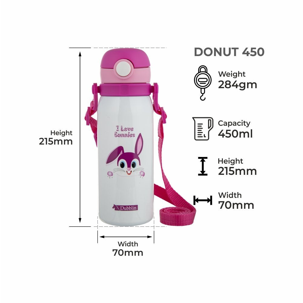 Dubblin Water Bottle  Donut Steel450 Ml Pink For Unisex