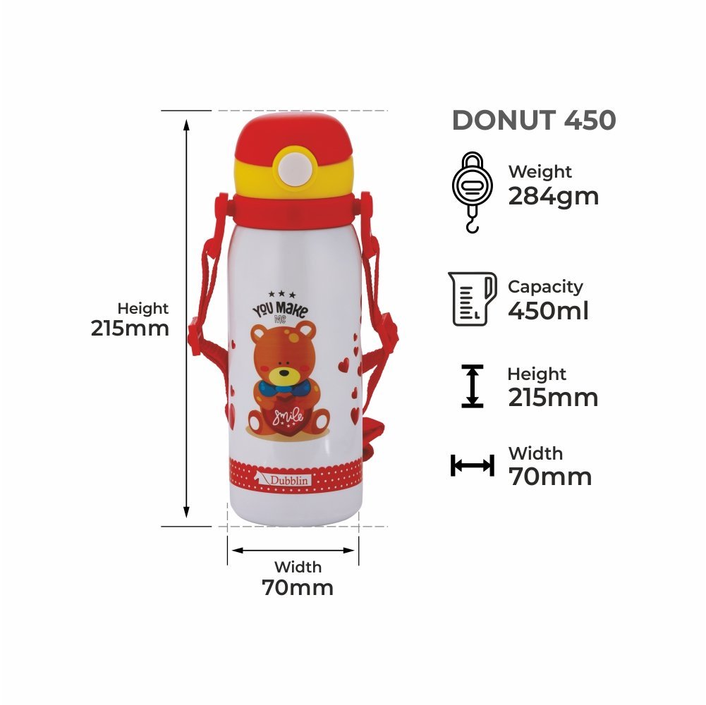 Dubblin Water Bottle  Donut Steel450 Ml Red For Unisex