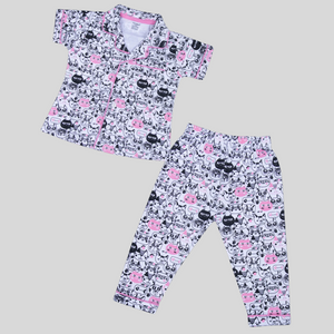 Black & Pink Cat Print Front Open Night Suit