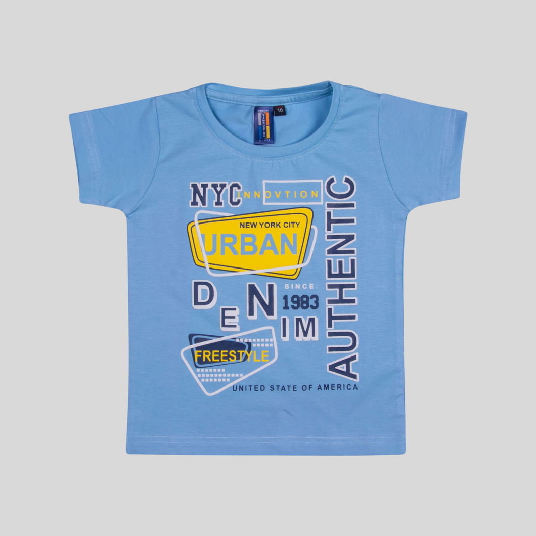 Boys Solid Printed Sky Blue T Shirt