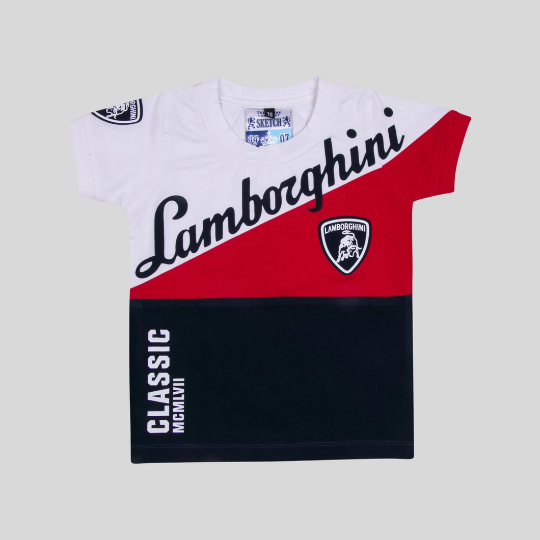 Boys Solid Lamborghini Printed White T Shirt