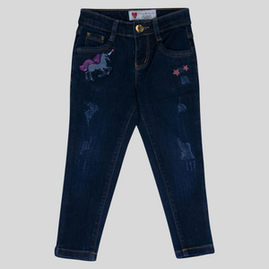 Girls Dark Blue Embroidered Jeans