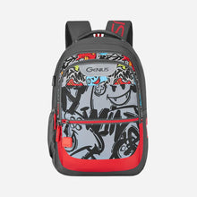 Load image into Gallery viewer, Genius by Safari Scribble 27L Grey School Backpack with Name Tag
