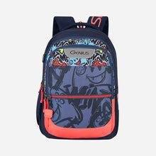 Load image into Gallery viewer, Genius by Safari Scribble 27L Blue School Backpack with Name Tag
