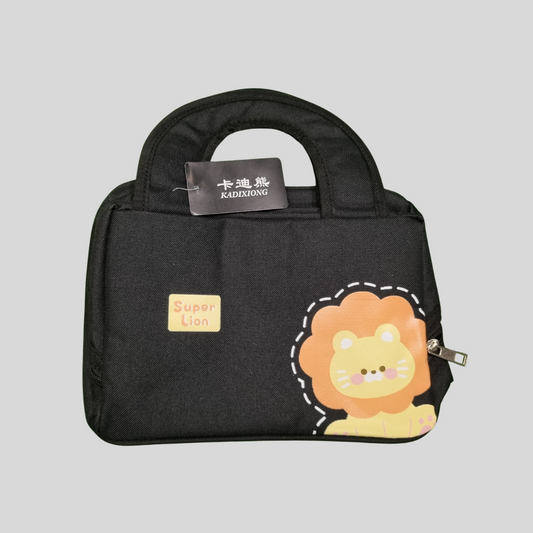 Super Lion Cartoon Kids' Hand-Carry Lunch Bag – Insulated & Zippered Tote (Black)