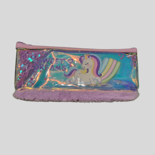 Holographic “Sweet Dreams” Unicorn Pencil Case – Glittery Pastel Organizer with Plush Trim