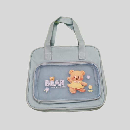 Cute Bear-Themed Kids’ Tote Bag with Transparent Front Pocket – “Have a Good Time” Design