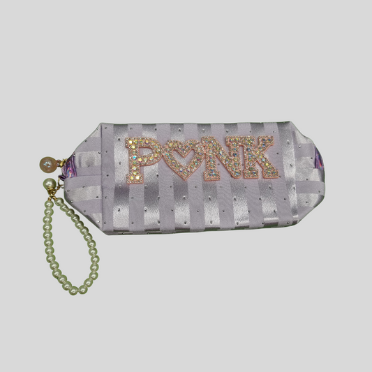 Chic Satin Striped Pouch with Rhinestone “P♥NK” Lettering and Pearl Handle