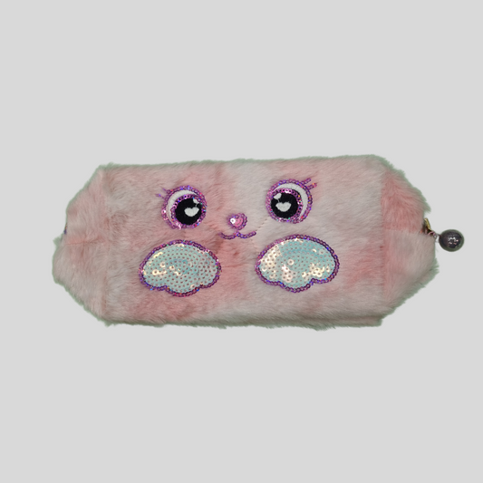 Cute Plush Animal Face Sequin Pencil Case for Girls – Soft & Colorful