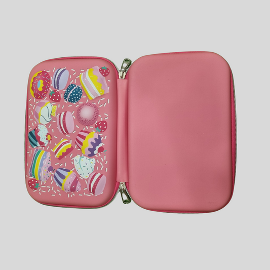 Cute Pink Hard Shell Stationery Case with Colorful Dessert Print – Zipper Closure - Pink