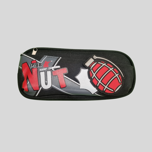 Stylish Black Pencil Case with "Nut" Graphic and Grenade Design
