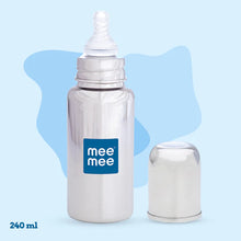 Load image into Gallery viewer, Mee Mee Baby Premium Steel Feeding Bottle with Advanced Anti Colic Valve, BPA Free, Soft Silicone Teat, for Babies/Infants/Newborns of 0-2 Years (Silver, 240ml)
