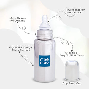 Mee Mee Baby Premium Steel Feeding Bottle with Advanced Anti Colic Valve, BPA Free, Soft Silicone Teat, for Babies/Infants/Newborns of 0-2 Years (Silver, 240ml)