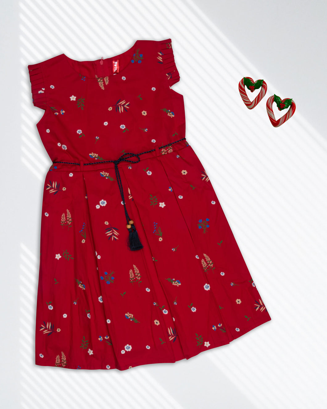 Girls Floral Printed Red Cotton Frock