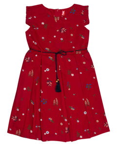 Girls Floral Printed Red Cotton Frock