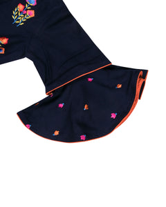 Girls Embroidered Navy Blue Kurti Set With Frill Sleeve